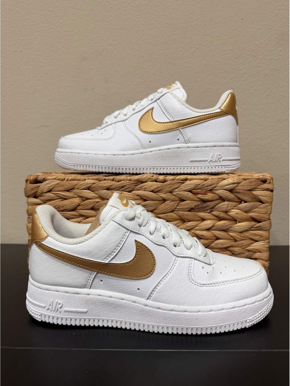 Size 10 - Nike Women’s Air Force 1 ‘07 Next Nature “White Metallic Gold”